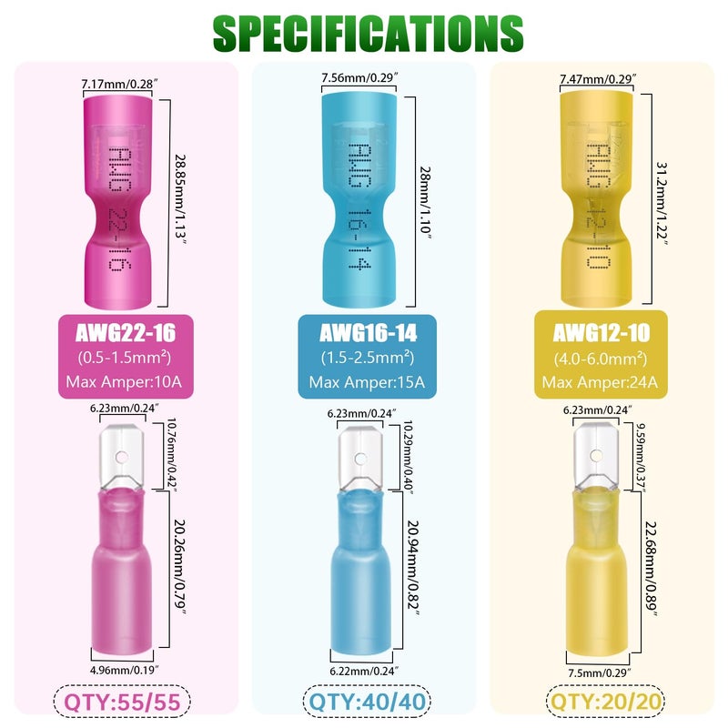 Twidec /230PCS Heat Shrink Spade Connectors Kit 22-10 AWG Female and Male Spade Terminlas Quick Disconnect Connectors Fully Insulated Electrical Wire Crimp Connector for Automotive Marine - Image 2